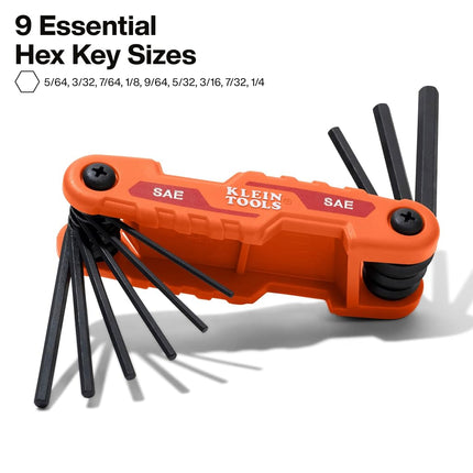 KLEIN TOOLS 70540 Folding Hex Key Set, Compact 9-Key SAE Sizes 5/64-Inch to 1/4-Inch, Industrial Strength Heat Treated Alloy Steel