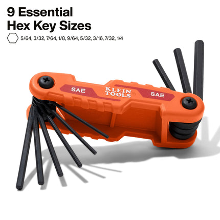 Juego de llaves hexagonales plegables KLEIN TOOLS 70540, compacto de 9 llaves con medidas SAE de 5/64 a 1/4 de pulgada, acero de aleación tratado térmicamente de resistencia industrial
