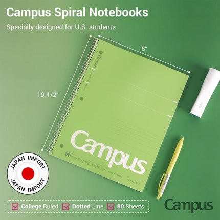 KOKUYO Campus Spiral Notebook, 10-1/2” x 8”, College Ruled, 80 Sheets (160 pages), Bleed Resistant, Pack of 3 Colors - Pink, Sky Blue, Green, Made in Japan (WSG-SU-400G1×3)