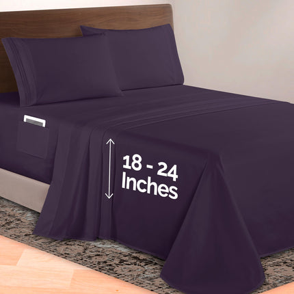 Elegant Comfort Luxurious 1500 Premium Hotel Quality Microfiber 4-Piece Sheet Set, 18-24 Inches Deep - Extra Deep Pocket Sheets - Ultra Soft 4PC Deep Pocket Sheets, Queen, Eggplant-Purple