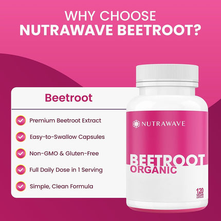 Nutrawave Organic Beetroot Capsules 1400mg – High Potency Beet Root Powder | Vegan, Non-GMO, Gluten-Free | 120 Capsules