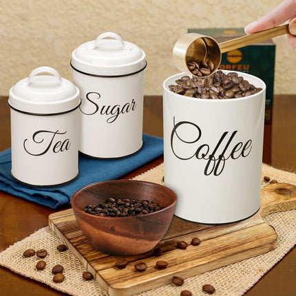 Juego de 3 recipientes de cocina ChicHabitat, recipientes de almacenamiento de alimentos para encimera de cocina, recipientes grandes herméticos para café, azúcar y té con tapas, decoración de cocina rústica blanca