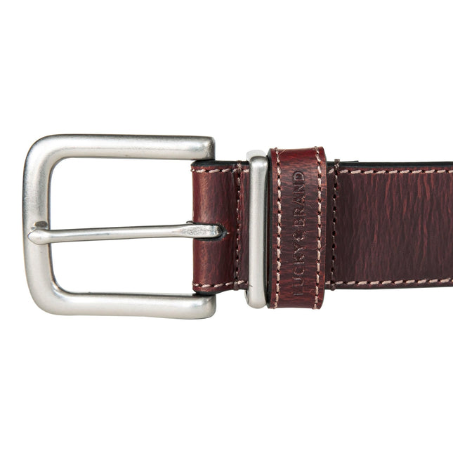 Cinturón de cuero cosido Lucky Brand para hombre | Clásico | Casual | Formal | Diario | Western | Cuero auténtico | Hebilla de metal, presilla de cuero - Marrón, 81 cm