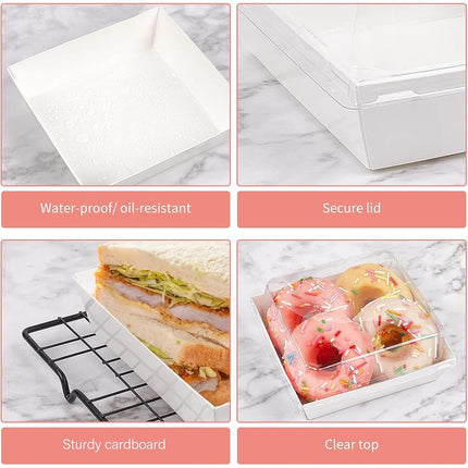 Ocmoiy 100 Pack Paper Charcuterie Boxes with Clear Secure Lids, 5 inches White Square Disposable Food Containers Bakery Boxes for Sandwich, Slice Cake, Cookies, Hot Cocoa Bombs, Strawberries