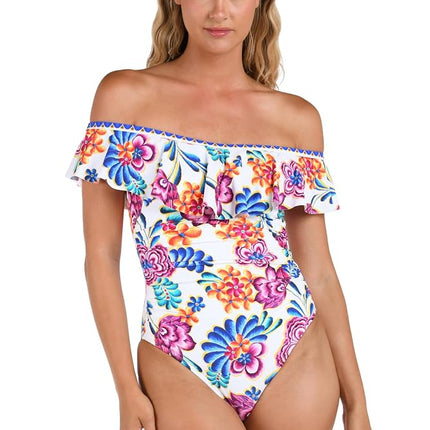 Off Shoulder Ruffle One Piece Swimsuit, Multi//Flor De Paradiso, 14
