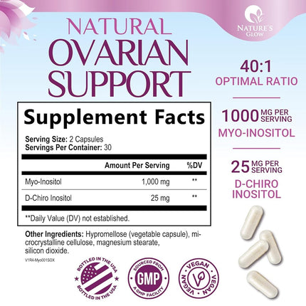 Myo-Inositol & D-Chiro Inositol Blend - Premium 40:1 Ratio - Ovarian Support for Women - Natural Supplement, Vitamin B8, Vegan, and USA Bottled - 60 Capsules