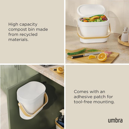 Umbra Bellwood Kitchen Compost Bin – White/Natural, Countertop or Cabinet Mounted, 4L Compost Container with Hidden Bag Retainer, BPA-Free & Dishwasher Safe| Bellwood Collection