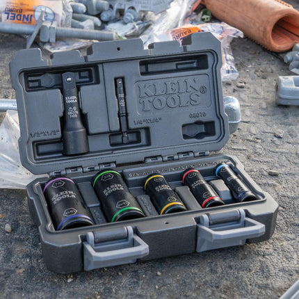 Klein Tools Impact Socket Set - 5 Sockets, 1/4-Inch Hex & 1/2-Inch Square Adapters, 7-Piece