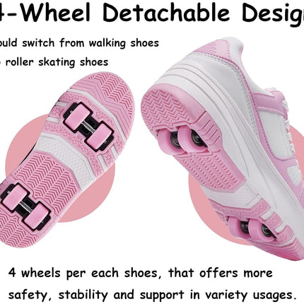 ANEFUN Roller Skate Shoes for Kids Girls Boys Detachable Wheeled Fashion Sneakers White Pink