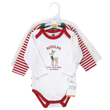Hudson Baby unisex-baby Cotton Long-sleeve Bodysuits, Rudolph Reindeer, 3-6 Months