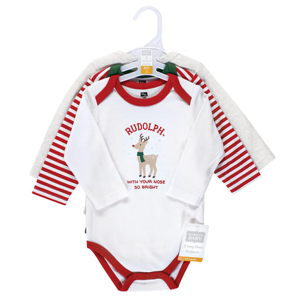 Hudson Baby unisex-baby Cotton Long-sleeve Bodysuits, Rudolph Reindeer, 3-6 Months