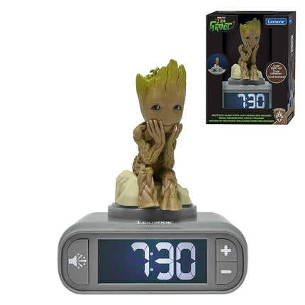 LEXiBOOK, Marvel Guardians of The Galaxy, Groot Nightlight Alarm Clock, Sounds and Melodies, Backlit LCD Screen, Illuminated, Snooze, Grey/Brown, RL800GG