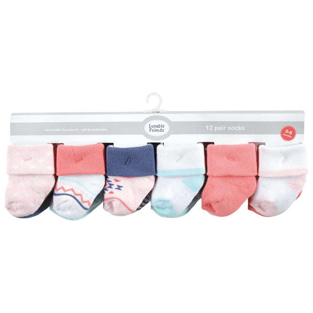 Luvable Friends Unisex Baby Newborn and Baby Terry Socks, Coral Mint Aztec, 6-12 months