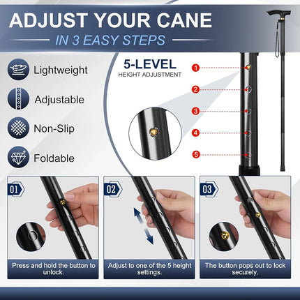 supregear Folding Cane, 5-Level Adjustable Height Walking Stick Lightweight Portable Cane Travel Cane with Wrist Strap and T Handle for Elderly Disabled Men Women, Leopard Red