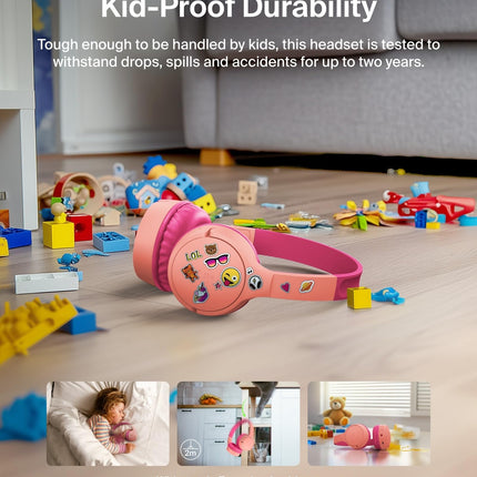 Belkin SoundForm Mini Kids Wireless Headphones w/Built-in Microphone, 30H of Playback Time, Fun Stickers, & Case - Over-Ear Headsets for Online Learning, School, iPhone, iPad, Galaxy, & More - Pink