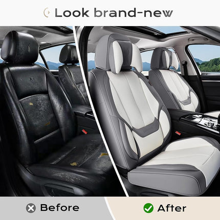 Coverado Seat Covers, Car Seat Covers Front Seats, Car Seat Cover, Car Seat Protector Waterproof, Seat Cushion Nappa Leather with Head Pillow, Carseat Cover Universal Fit for Most Cars (Gray&White)