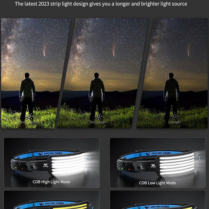 Smiling Shark Rechargeable Headlamp, 230°Wide Angle 6*White Light the Brightest LED Head Lamp with Motion Sensor Waterproof Headlight for Camping Hiking Outdoor, Head-Lamp-LED-Frontale-Rechargeable
