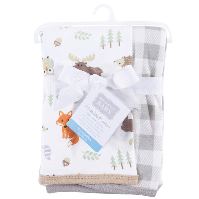 Hudson Baby 2 Piece Interlock Cotton Swaddle Blanket, Woodland, One Size