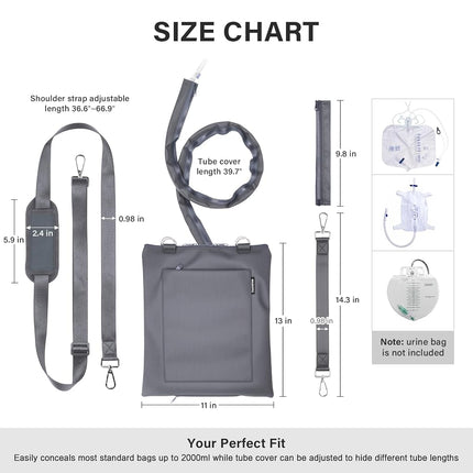Hoomtree Urinary Drainage Bag Holder，Privacy Cover for Foley, Catheter or Urine Bags，Zipper Design，840D Oxford Waterproof & Leakproof for Urologists Users up to 2000ml -Gray
