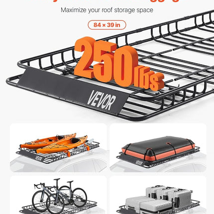 VEVOR Roof Rack Basket, 84 x 39 x 4.1 in, Universal Rooftop Cargo Carrier with 7.9 x 3.9 x 10.2 in Cargo Bag, Net, Ratchet Straps, 250 lbs Max Load Capacity Car Top Luggage Holder, for SUV Truck Car