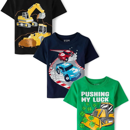 The Children's Place Baby Boys' and Toddler Vehicle Short Sleeve Graphic T-Shirts,multipacks, Excavator/My Luck/Race Cars 3-Pack, 18-24 Months