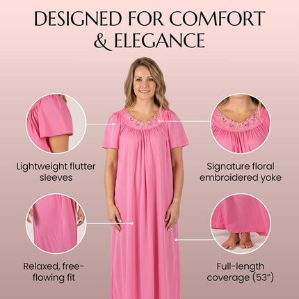Shadowline Women's Petals 53 Inch Short Flutter Sleeve Long Gown, Rosy Pink, Medium