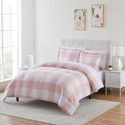 Parure de lit 7 pièces avec couette de couleur unie toutes saisons, couverture douce en duvet alternatif et draps de lit luxueux en microfibre, King size, Blush à carreaux