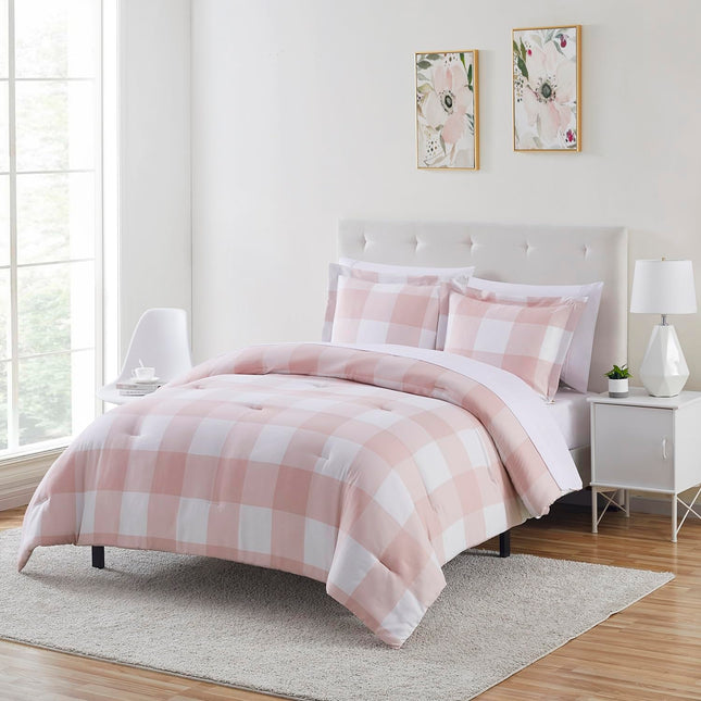 7 Piece Comforter Set Bag Solid Color All Season Soft Down Alternative Blanket & Luxurious Microfiber Bed Sheets, King, Checkered Box Blush