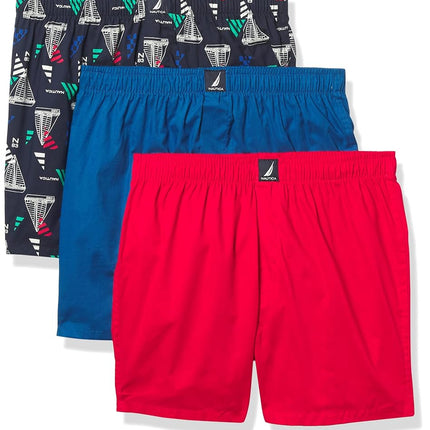 Nautica Men's Cotton Woven 3 Pack Boxer, Windsurf Blue Red/Sail Blue Print, Medium