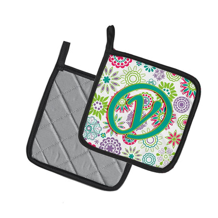 Caroline's Treasures Letter Y Flowers Pink Teal Green Initial Pair of Pot Holders CJ2011-YPTHD, Fabric, Multicolor