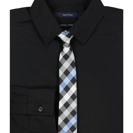 Nautica Boys' Long Sleeve Button-Down Collared Dress Shirt with Tie, Black, 8