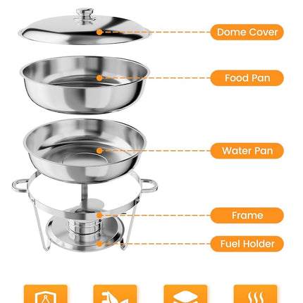 Plat de service pour buffet, service de buffet rond de 5 pintes avec support de couvercle, chafers et chauffe-plats en acier inoxydable avec cuillère et pinces pour les fêtes, les mariages (argent, lot de 2)