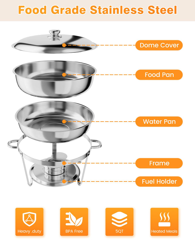 Calentador de alimentos para bufet, juego de calentadores de alimentos redondos de 5 cuartos de galón con soporte para tapa, chafers y calentadores de alimentos de acero inoxidable con cuchara y pinzas para fiestas, bodas (plateado, paquete de 2)