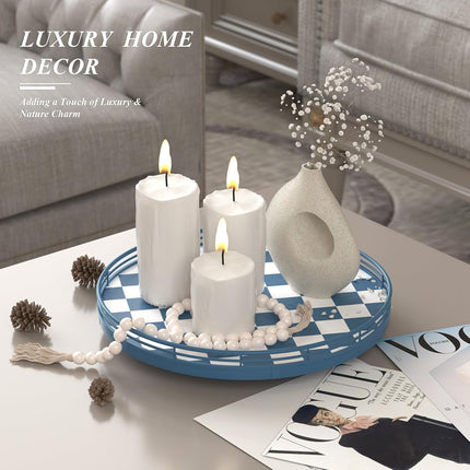 Blue and White Checkerboard Lazy Susan with Rubberwood Base and Metal Rail