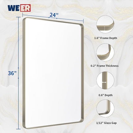 WEER 24X36 Inch Brushed Nickel Bathroom Mirror, Brushed Silver Metal Frame Mirror, Rounded Rectangle Silver Bathroom Vanity Mirror, Tempered Glass, Anti-Rust, Hangs Horizontally or Vertically