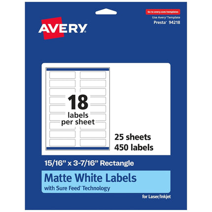Avery Matte White Rectangle Labels with Sure Feed, 15/16" x 3-7/16", 450 Matte White Printable Labels