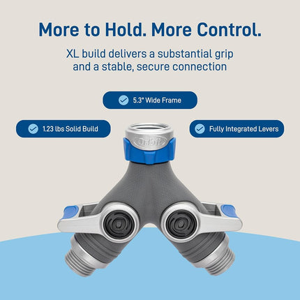 Orbit XL 2-Way Garden Hose Splitter – Dual Valves, Heavy-Duty Zinc Y Connector, Easy-Grip Lever Shut-Off 28294