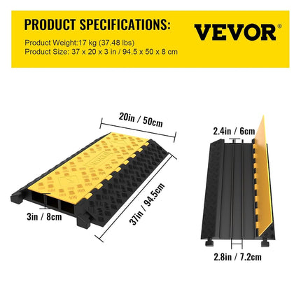 VEVOR 3-Channel Rubber Cable Protector Ramps Heavy Duty 44000Lbs Load Capacity Cable Wire Floor Cord Cover Ramp Speed Bump Driveway Hose Cable Ramp Protective Cover