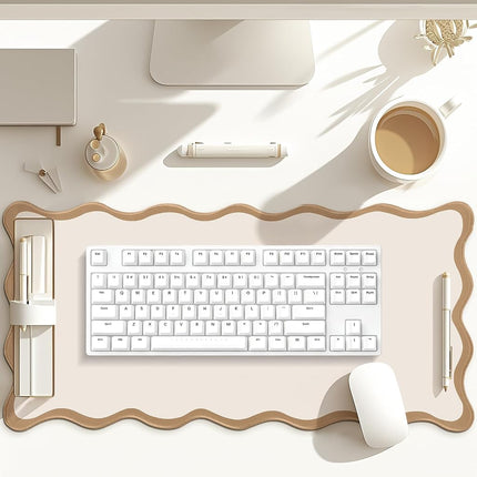 Hahafelt Scalloped Desk Mat Large Scalloped Piping Cute Desk Mat Aesthetic Preppy Table Pad Large Nonslip Pad with Edge Stitching Waterproof Gaming(Beige,31.5 x 15.75 Inches)