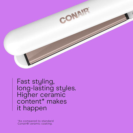 Conair Double Ceramic Flat Iron, 1-Inch Hair Straightener with Claw Clip, Five Heat Settings, Hair Iron with Extra Long Floating Plates, White