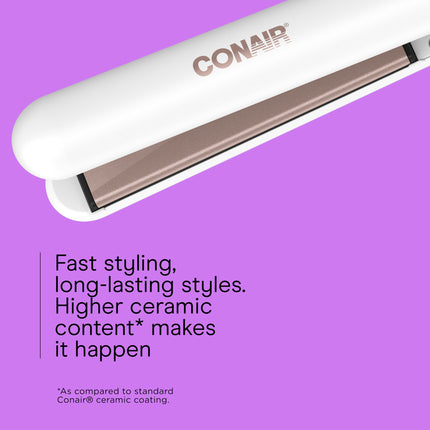 Plancha de Pelo Doble Cerámica de Conair, 2.5 cm, con Pinza, Cinco Ajustes de Temperatura, Plancha con Placas Flotantes Extra Largas, Blanco