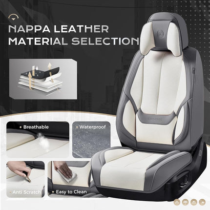 Coverado Seat Covers, Car Seat Covers Front Seats, Car Seat Cover, Car Seat Protector Waterproof, Seat Cushion Nappa Leather with Head Pillow, Carseat Cover Universal Fit for Most Cars (Gray&White)