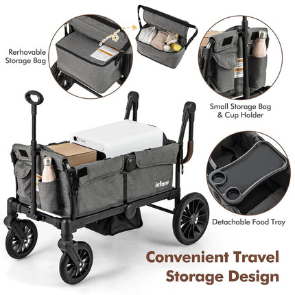 INFANS Wagon Stroller for 2 Kids, Collapsible Adjustable Push Pull Handle Bar, 2 Seater Stroller Wagon with Removable Canopy Snack Tray, Comfortable Drop-Down footwell and Upholstered Seats (Grey)