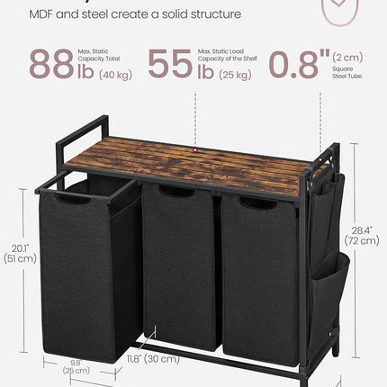 VASAGLE Laundry Hamper, Laundry Basket, Laundry Sorter with 3 Pull-Out and Removable Bags, Shelf, Metal Frame, 3 x 10 Gallons (38L), 36.4 x 13 x 28.4 Inches, Rustic Brown and Black UBLH301B01
