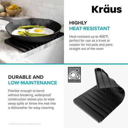 Kraus Self-Draining Silicone Dish Drying Mat or Trivet for Kitchen Counter in Dark Grey, KDM-10DG