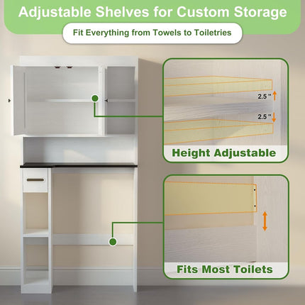 Nivisre Over The Toilet Storage Cabinet with 7 Shelves, Imitation Walnut Grain Above Toilet Bathroom Organizer with Toilet Paper Holder Stand, Space Saver for Restroom, Laundry, Bathroom (White)