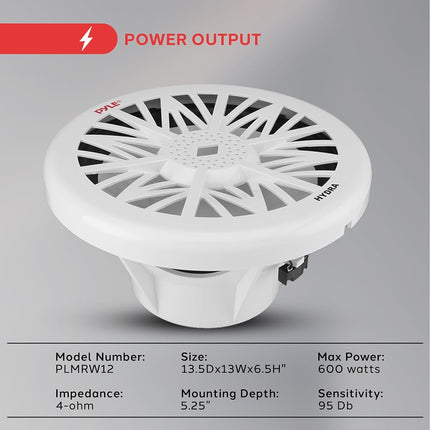 Caisson de basses audio marin extérieur Pyle - Haut-parleur de graves étanche blanc 600 watts 12 pouces pour système audio marin, montage sous le casque ou dans un boîtier sur petit bateau, véhicule marin PLMRW12