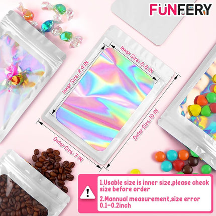 Funfery 100 Pcs Resealable Bags Clear Holographic Bags,Smell Proof Packaging Baggies,Mylar Food Storage Bag,Zipper Sealing Pouch for Coffee Bean,Cookies,Jewelry Sample Small Business(White,7x10in)
