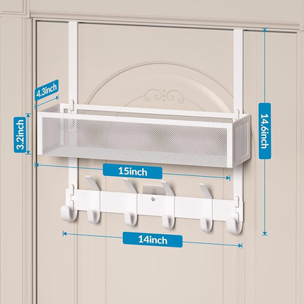Aimeaihe Over The Door Hooks Organizer, Over The Door Towel Rack with Mesh Basket, 10 Coat Hooks and 2 Wreath Hangers, Bathroom Door Organizer Back of Door Hanger Organizer for Bedroom, Kitchen(White)