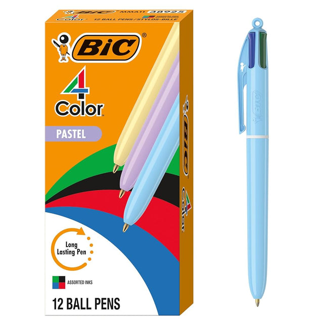 BIC 4 Color Pastel Ballpoint Pen with 1.0 mm Medium Point, Retractable, 12-Count Pack in Assorted Ink